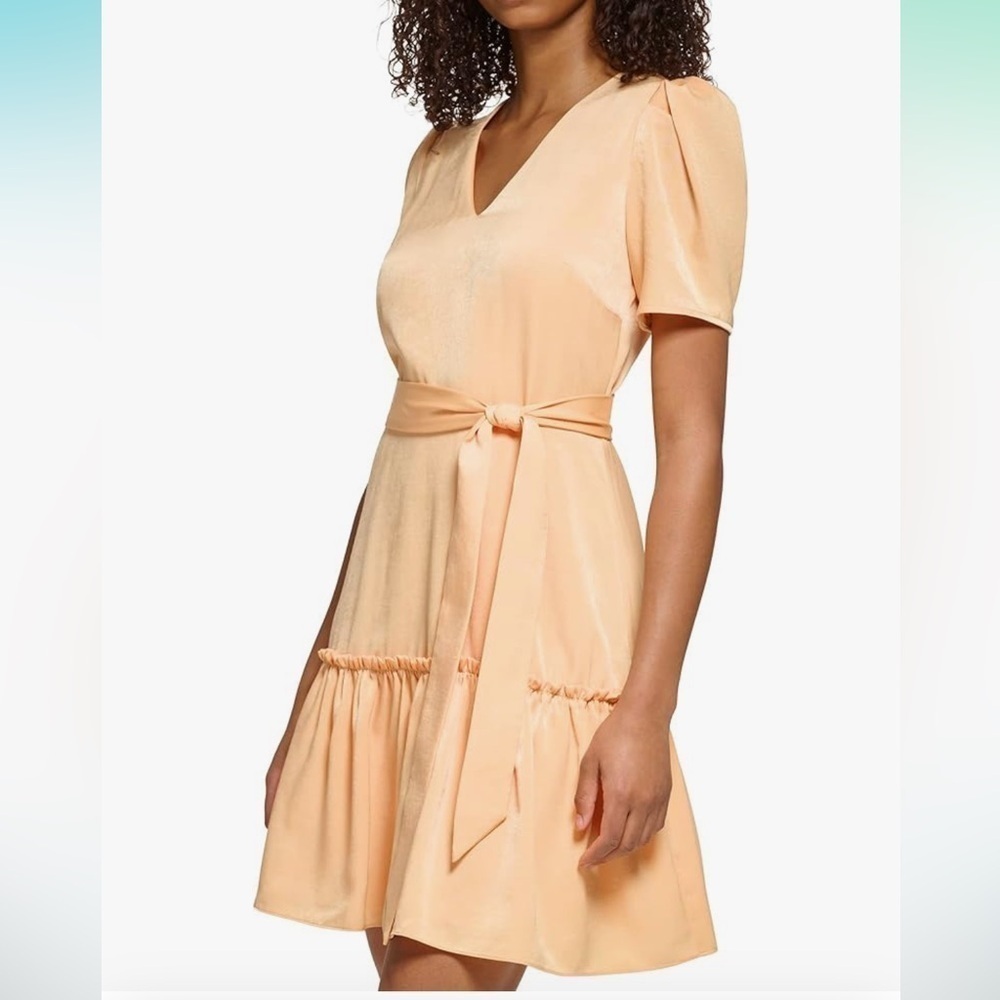 Karl Lagerfeld Aero Charm Belted Flounce Dress in Apricit Size 7 NWT